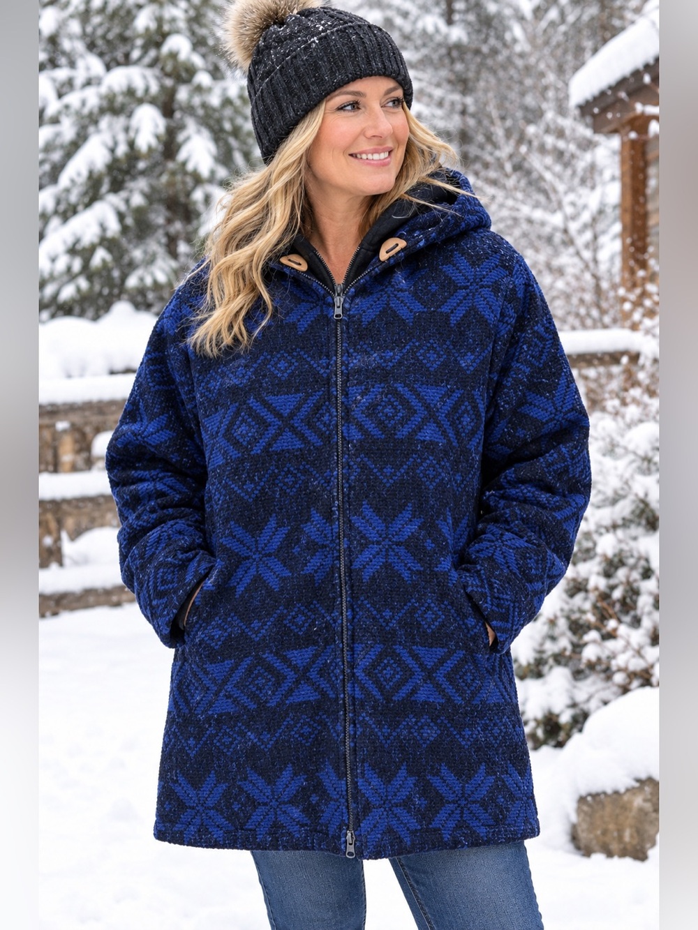 LL Bean Womans VTG Wool Snowflake Jacket Navajo Aztec Dual Zipper Hoodie Coat XL